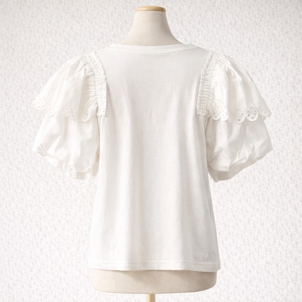 Oddi Sophia White Eyelet Puff Short Sleeve New Preppy Feminine Cotton Blouse - Picture 3 of 9